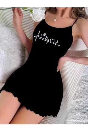 Sebalma Fashion Kahve ve Kalp Atışı Baskılı İnce Askılı Penye Gecelik - Pamuklu