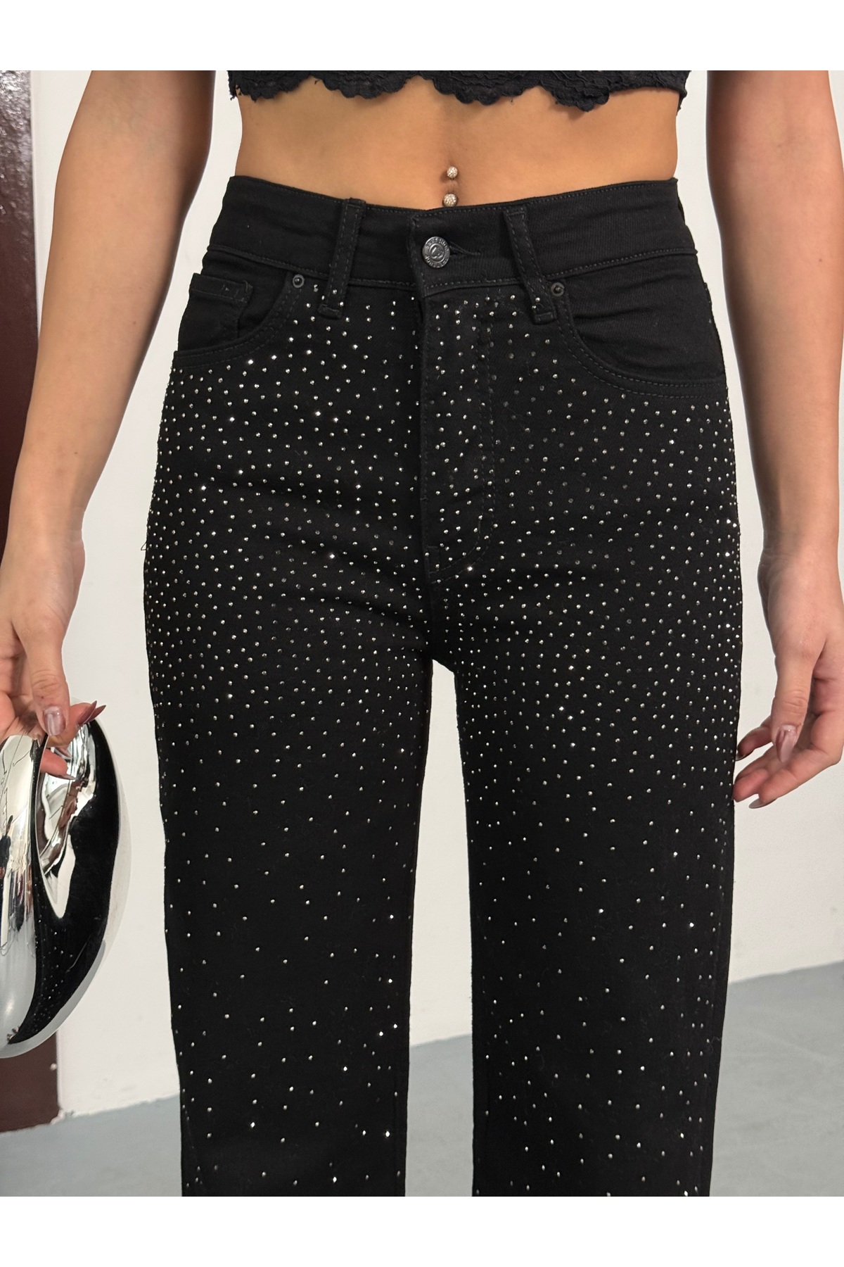 Women's Black Stone Detailed Wide Leg Palazzo Trousers