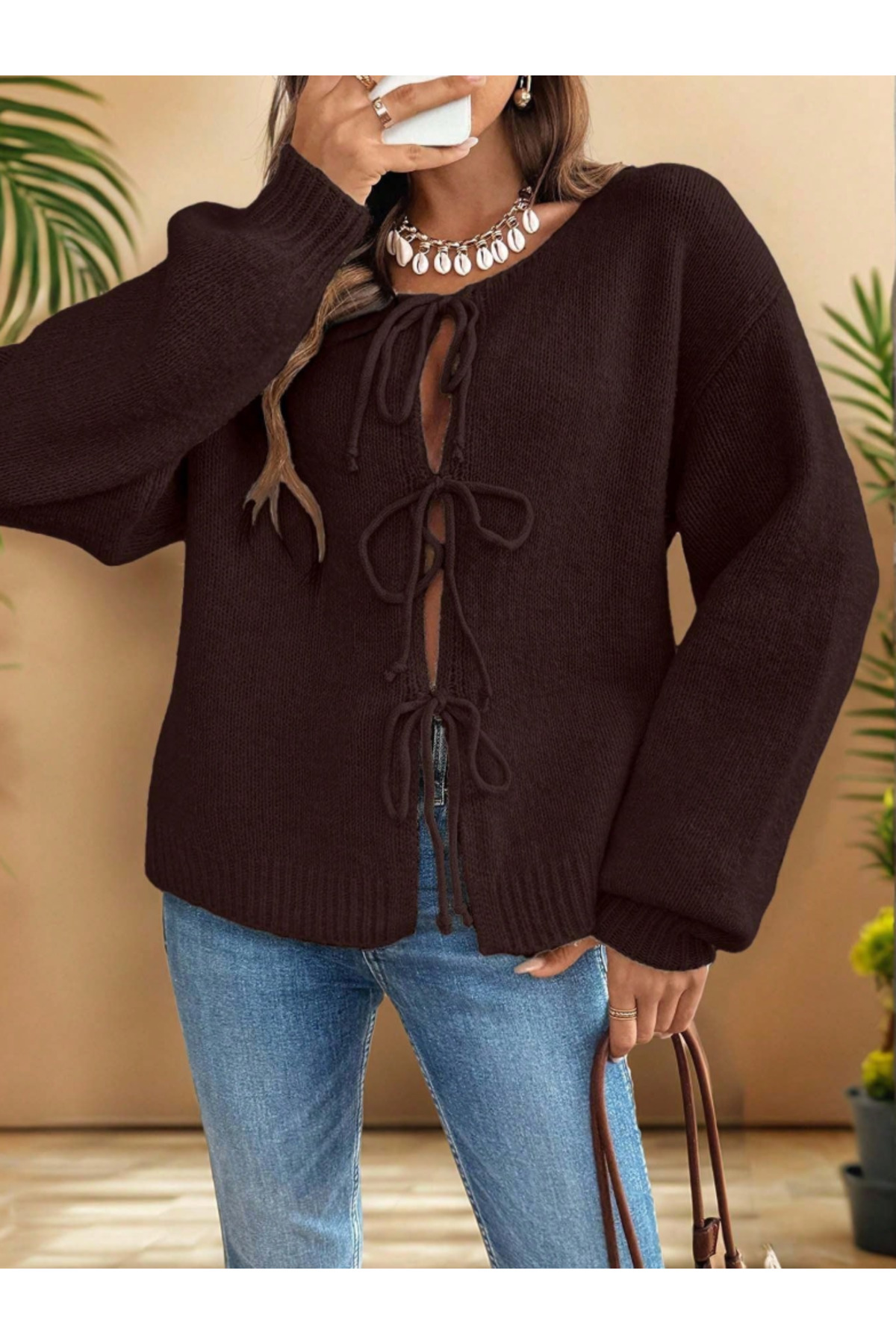 SÇLK TEKSTİL  Bağlamalı Rahat Kesim Kadın Triko Hırka - Görsel 4