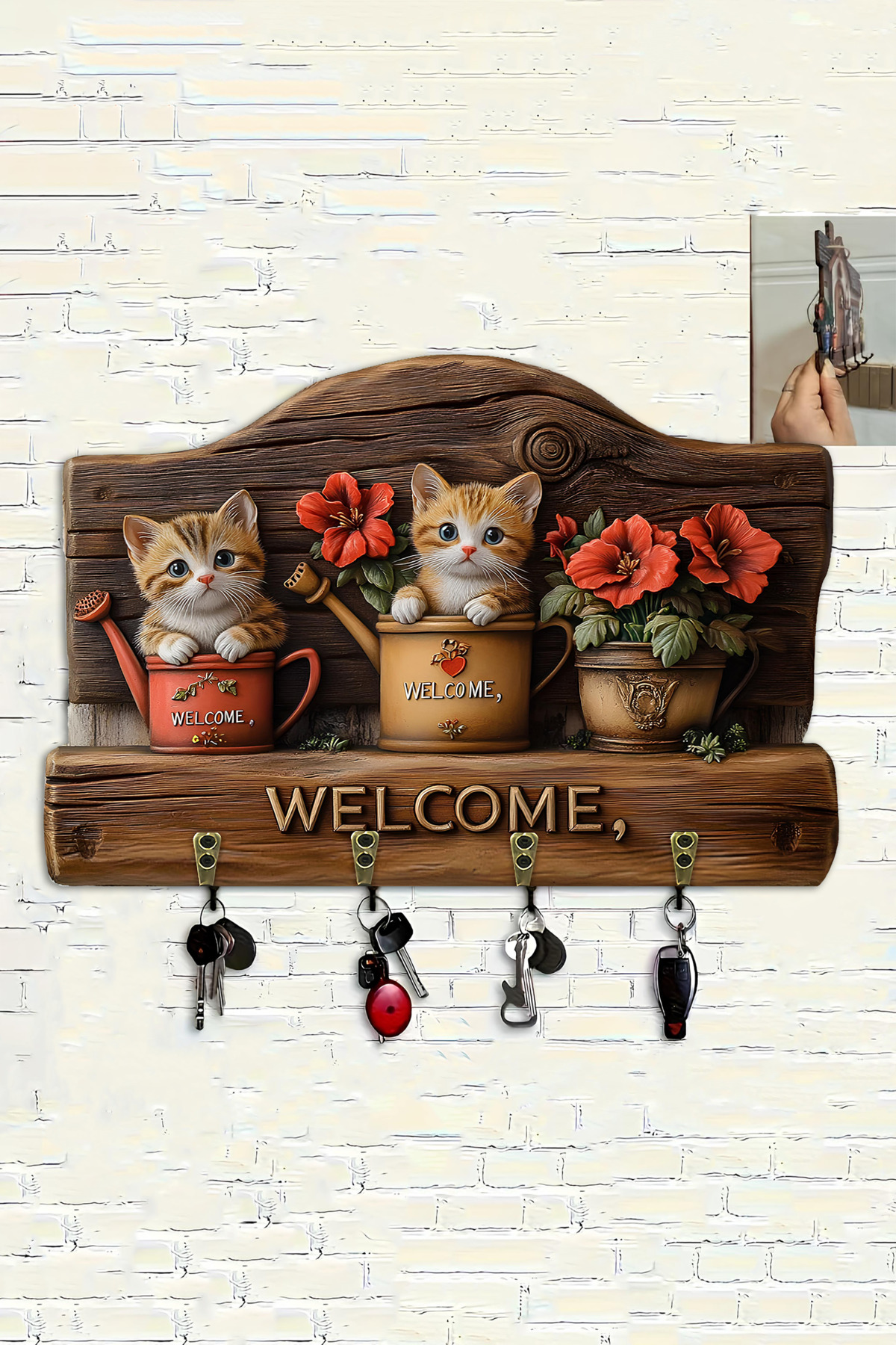 Welcome Text Cute Cats Themed 3D Look MDF Wall Keychain Hanger – Decorative AGD004