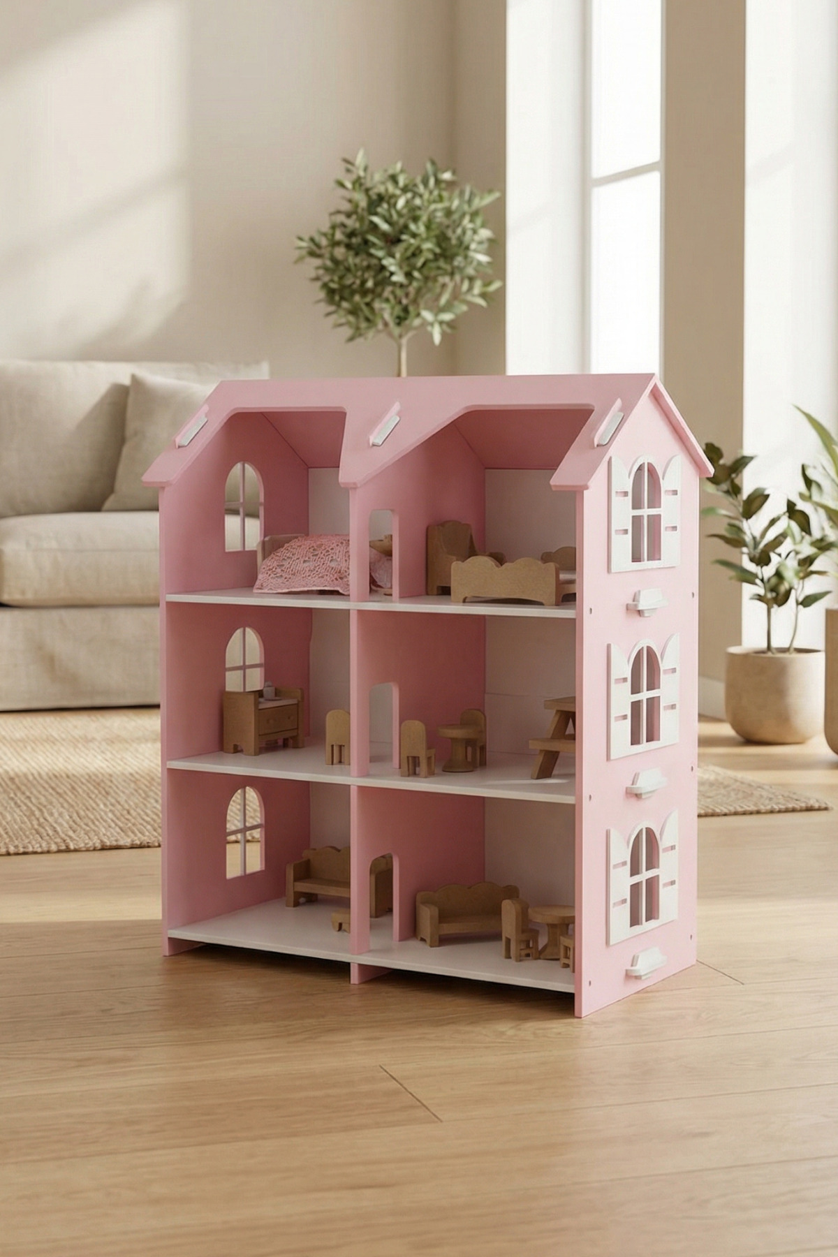 hedefixtoys LED Işıklı Ahşap Oyuncak Ev | 3 Katlı Pembe Montessori Bebek Evi fotoğrafı 5 (önizleme)