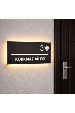 metora LED'li siyah Kapı İsimliği – Kişiye Özel |4 mm MDF Yoncalı Tasarım