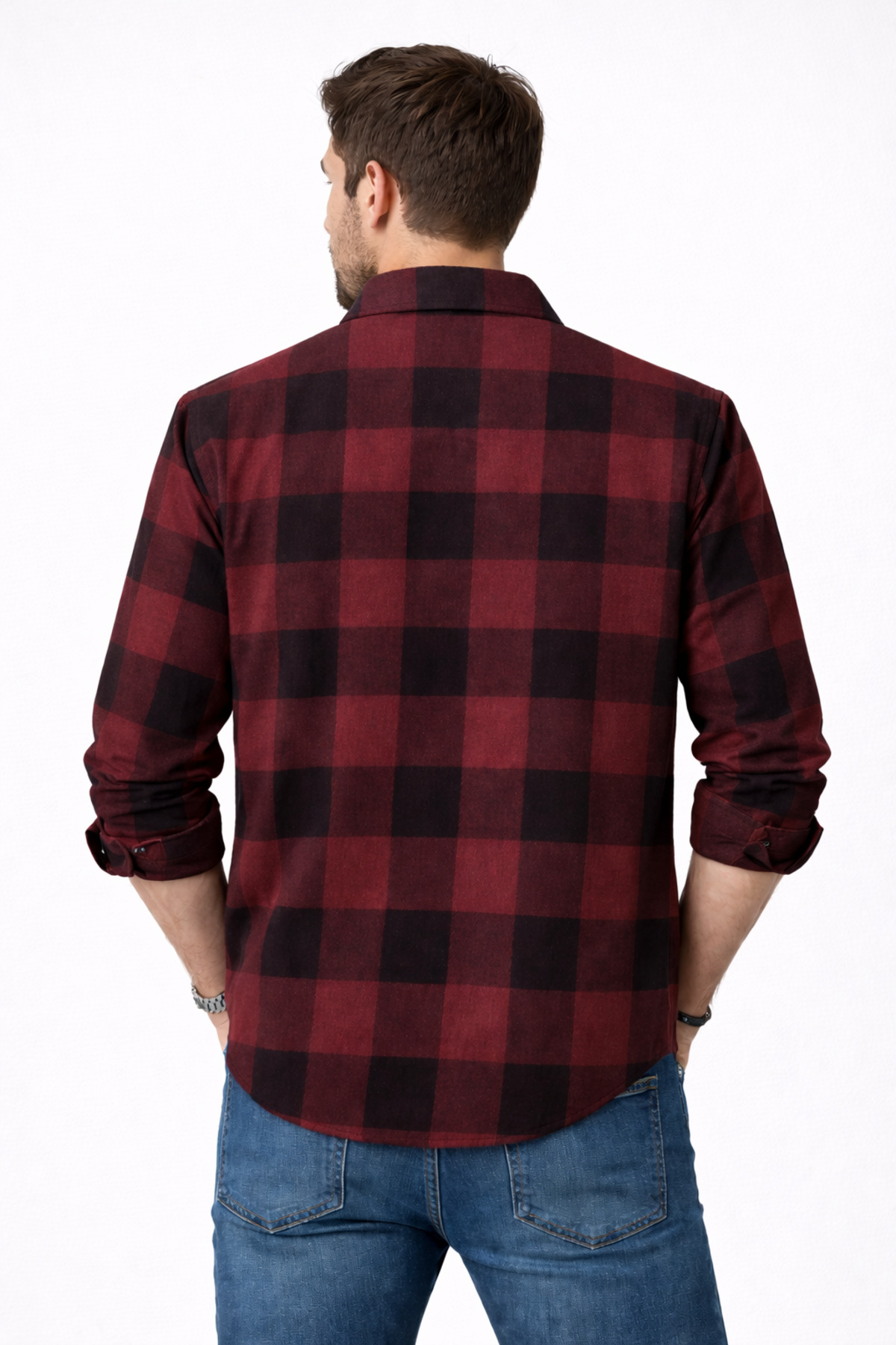 Erkek Bordo Siyah Kareli Oduncu Gömlek – Rahat Kalıp Yeni Sezon Kışlık Moda Trend — زرشکی MGKODUNCU — تصویر 6 از 7