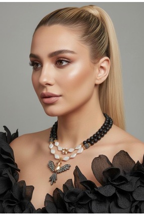 bycananturkoglu Özel Tasarım Doğal İnci Detaylı Anka Kuşu Onix Kolye