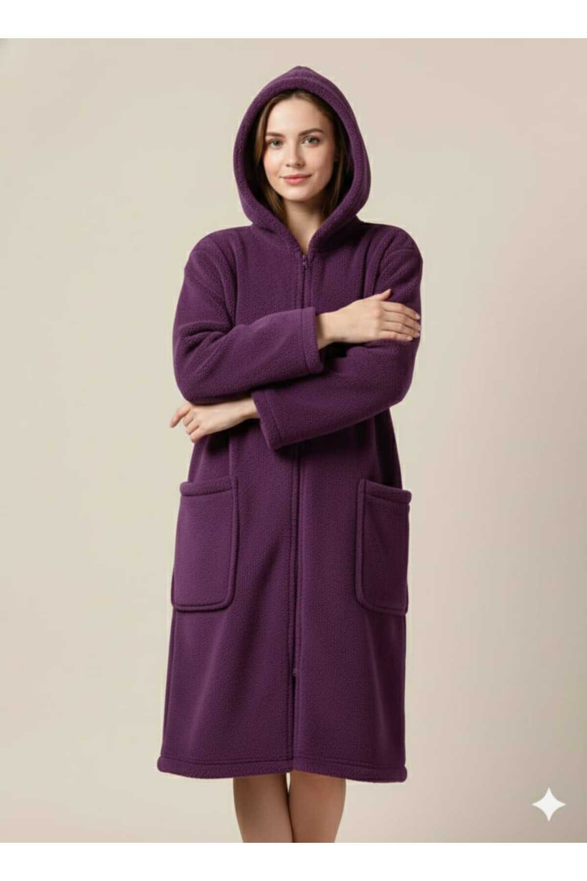 MOONSAND Wellsoft Fermuarlı Kapüşonlu Uzun Polar Hırka Unisex Oversize ( Ev Ve Dış Giyime Uygundur ) MOR — بنفش 25