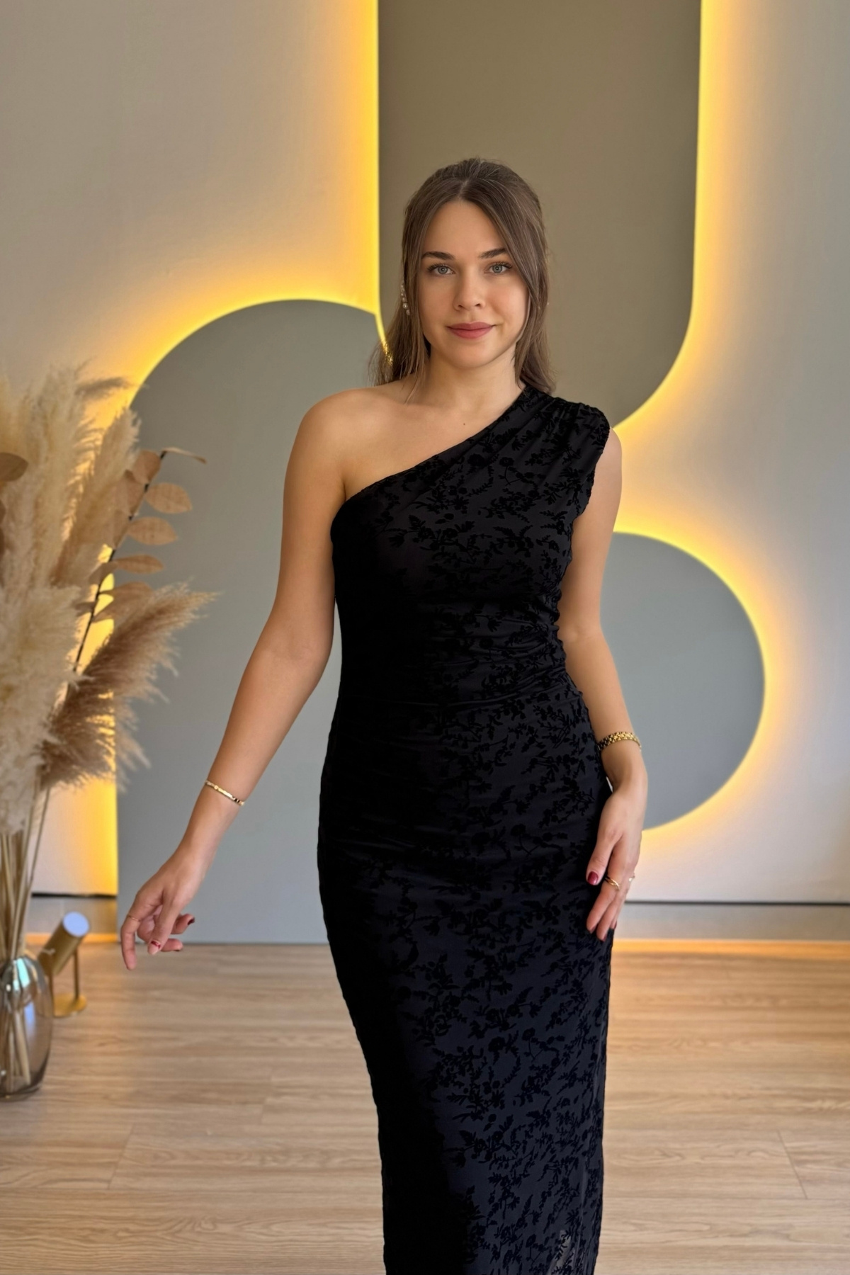 One Shoulder Flower Embroidered Midi Black Tulle Dress
