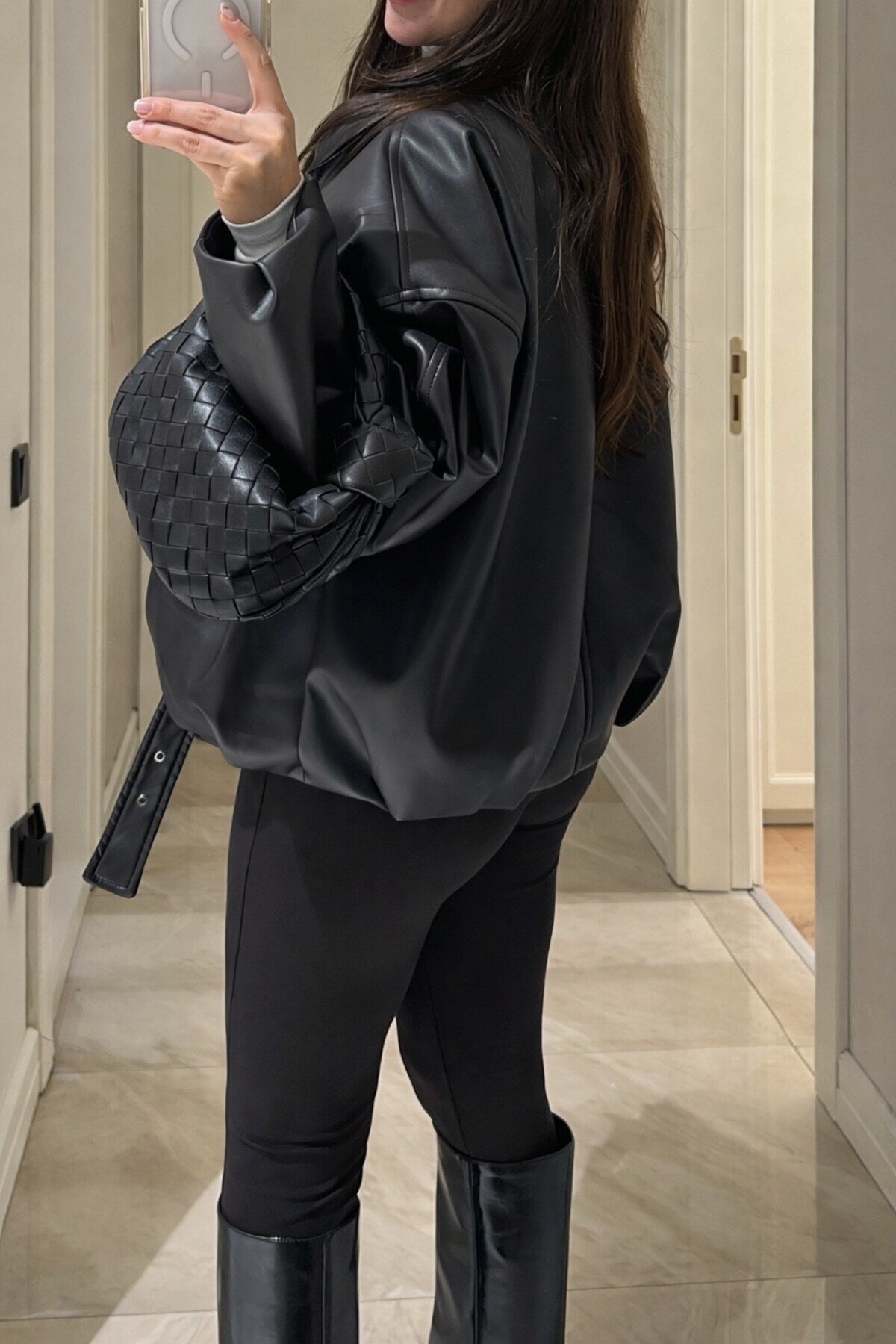 Jaglion  Luvren Siyah Trend Oversize Bomber Kemerli Deri Ceket - Görsel 6