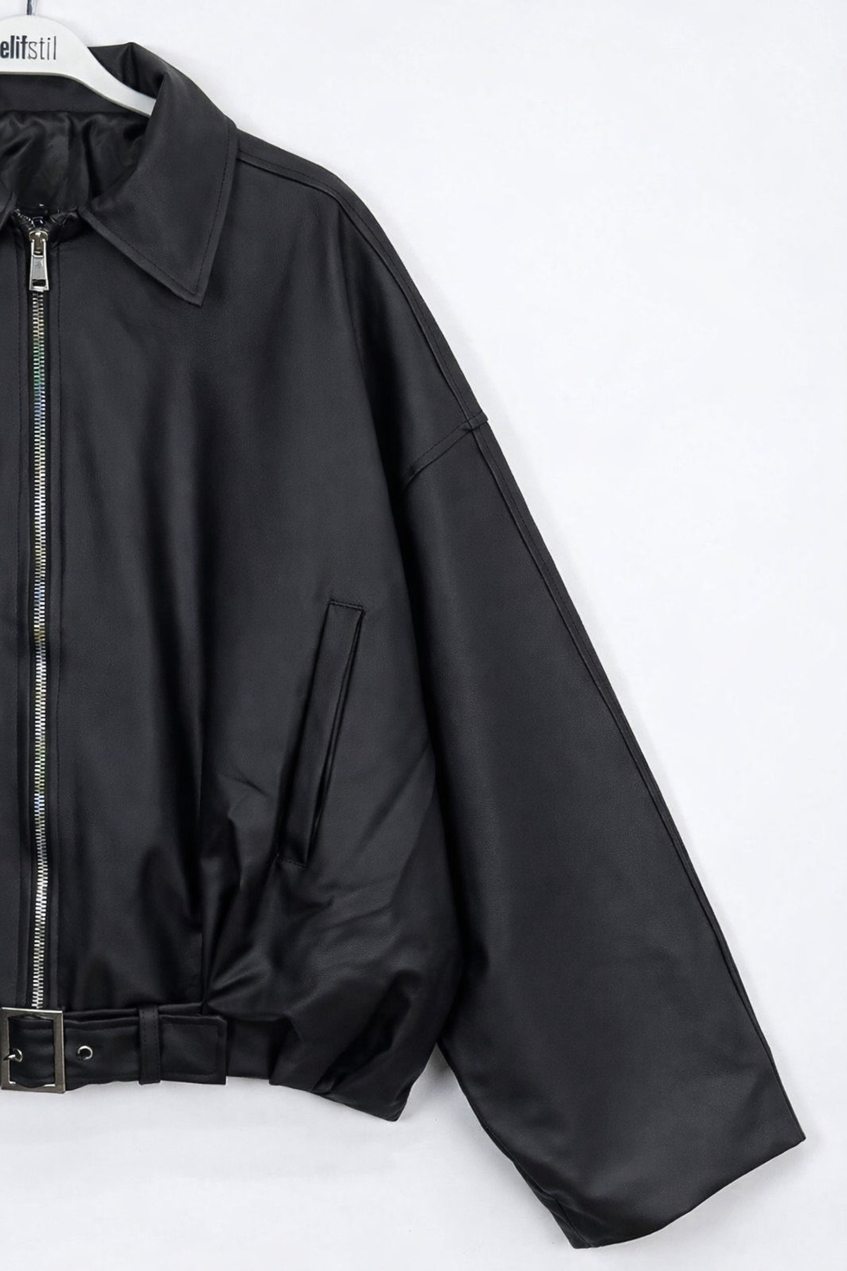 Jaglion  Luvren Siyah Trend Oversize Bomber Kemerli Deri Ceket - Görsel 4