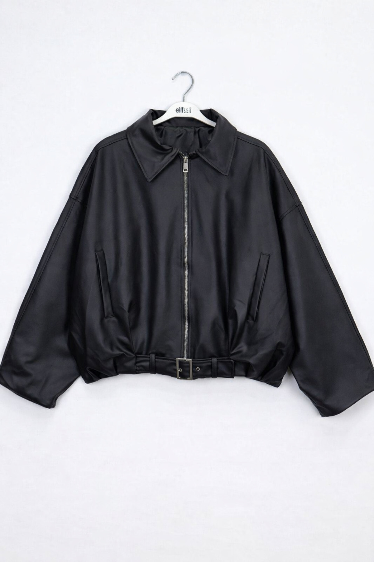 Jaglion  Luvren Siyah Trend Oversize Bomber Kemerli Deri Ceket - Görsel 7