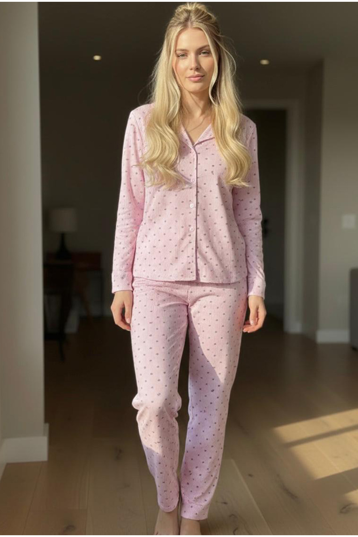 Siyah İnci  pembe gri çizgi kalp desenli mevsimlik İnce Düğmeli Örme Pijama Takım 7978 - Görsel 2