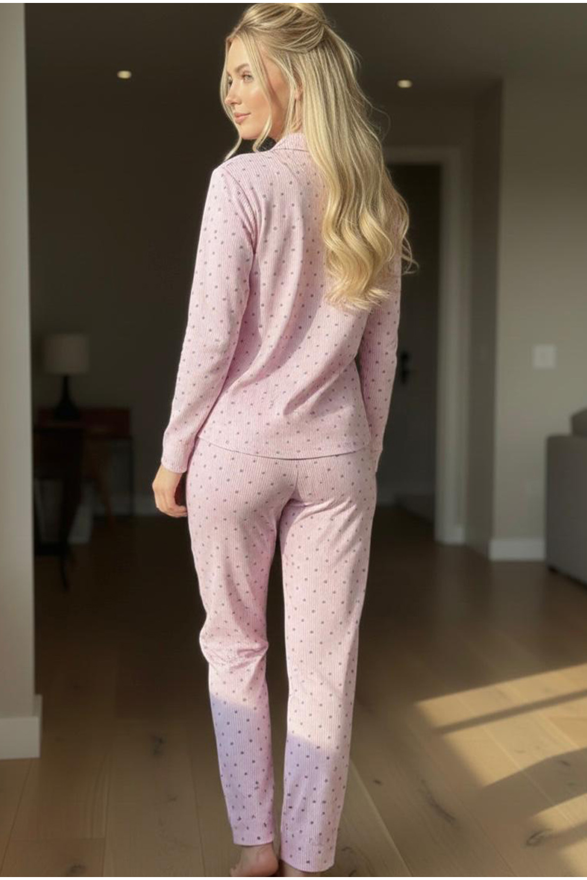 Siyah İnci  pembe gri çizgi kalp desenli mevsimlik İnce Düğmeli Örme Pijama Takım 7978 - Görsel 3