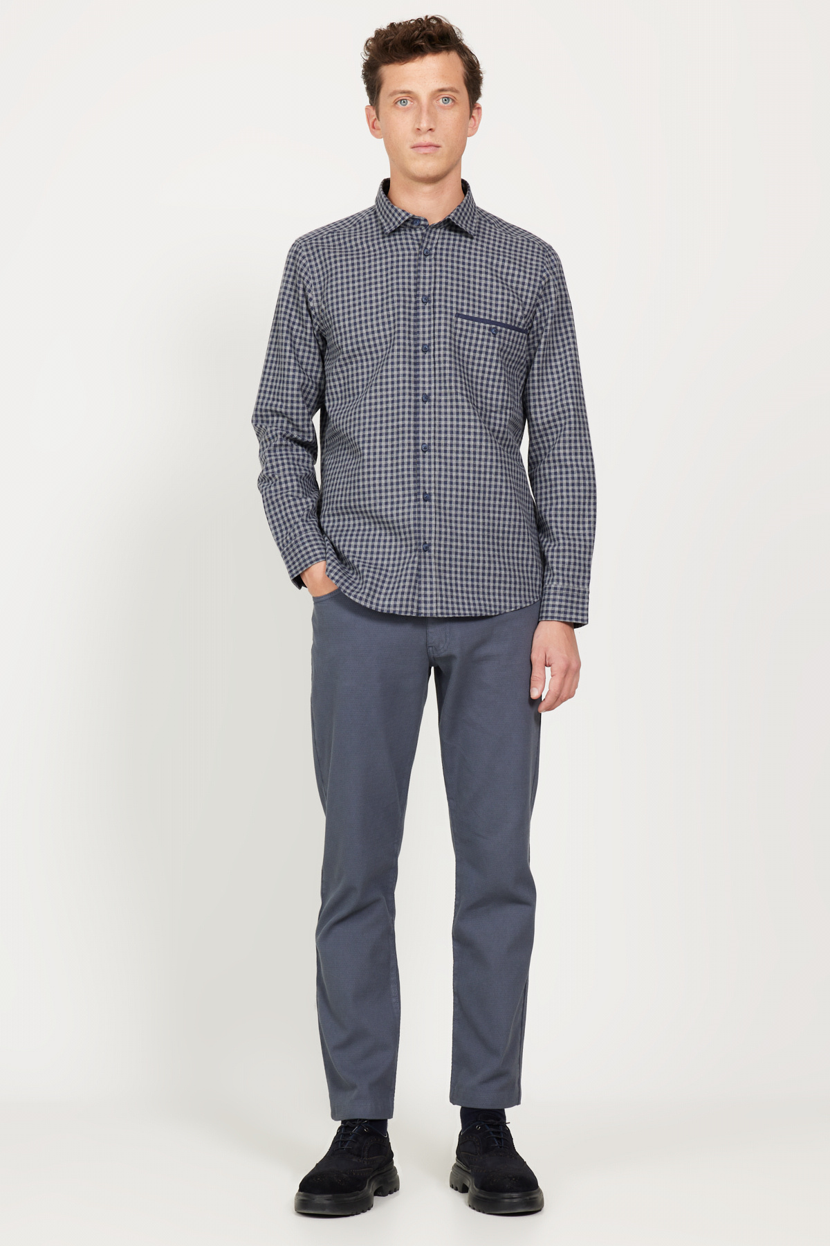 ALTINYILDIZ CLASSICS Lacivert-Gri Slim Fit Dar Kesim Klasik Yaka Kareli Gömlek görsel 2