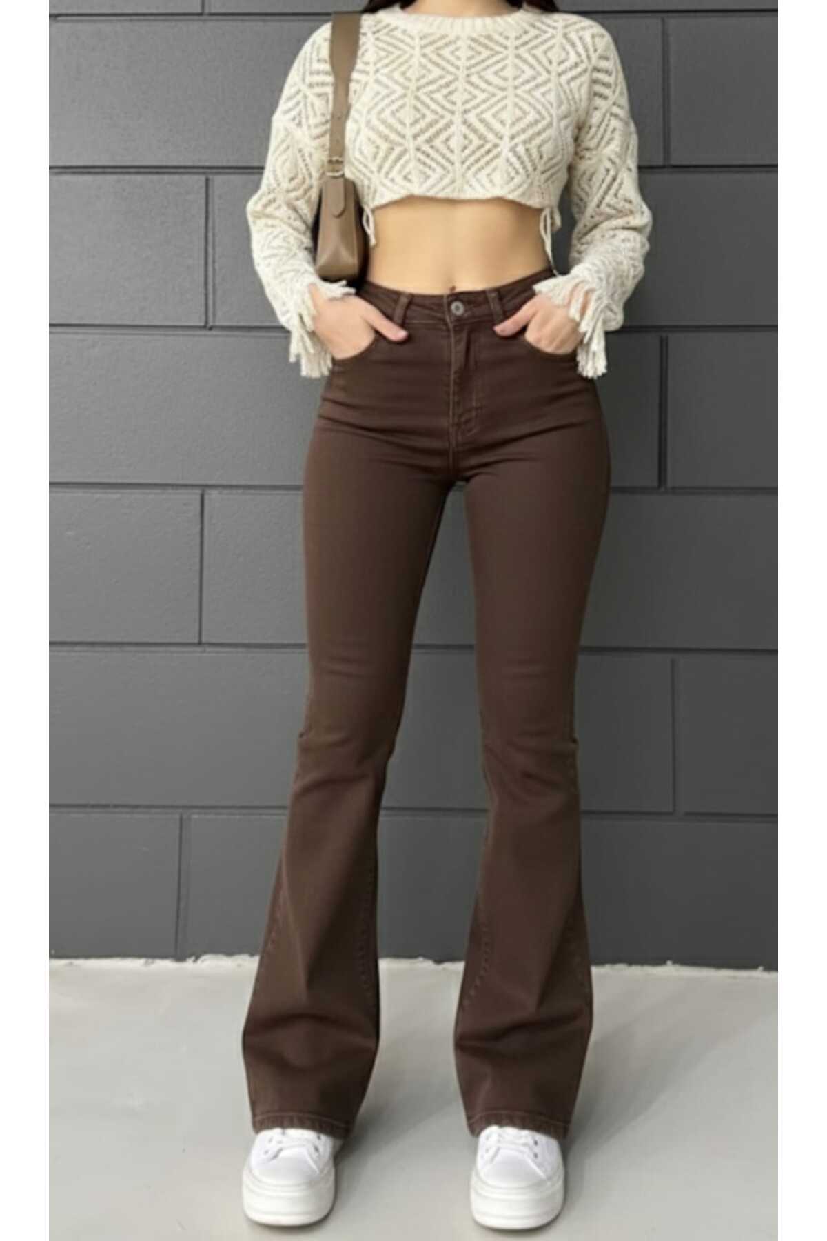 NWC  İspanyol Paça Flare Jeans Kot Pantolon Yüksek Bel Kahverengi Likralı - Görsel 5