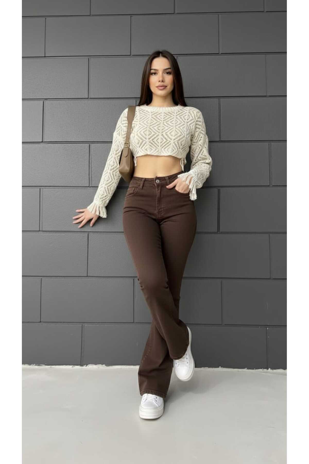 NWC  İspanyol Paça Flare Jeans Kot Pantolon Yüksek Bel Kahverengi Likralı