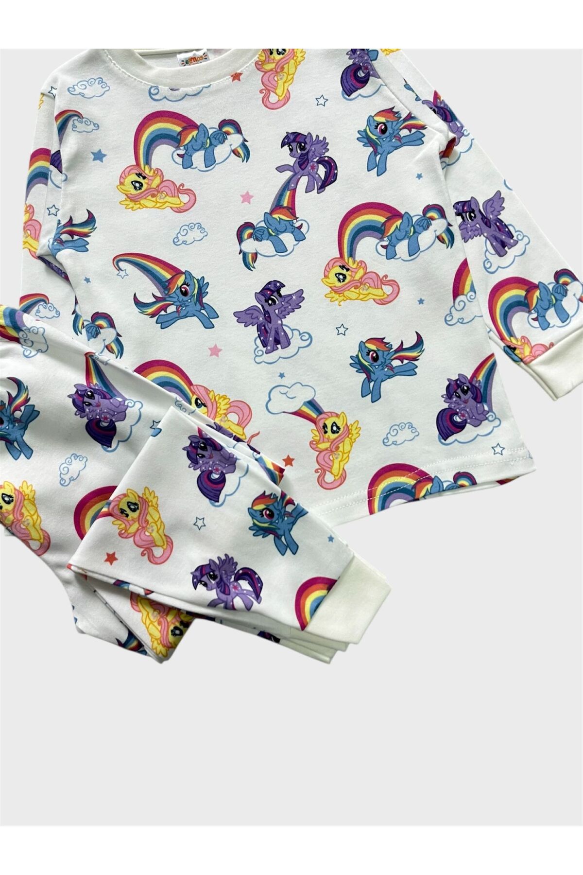 elmas kids Kız Çocuk %100 Pamuklu Beyaz Unıcorn Gökkuşağı Desenli Uzun Kollu Pijama Takımı fotoğrafı 2 (önizleme)