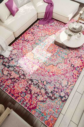 Serente Home Retro Desenli Makine Halısı Yıkanabilir Kaymaz Taban Pembe Şönil...