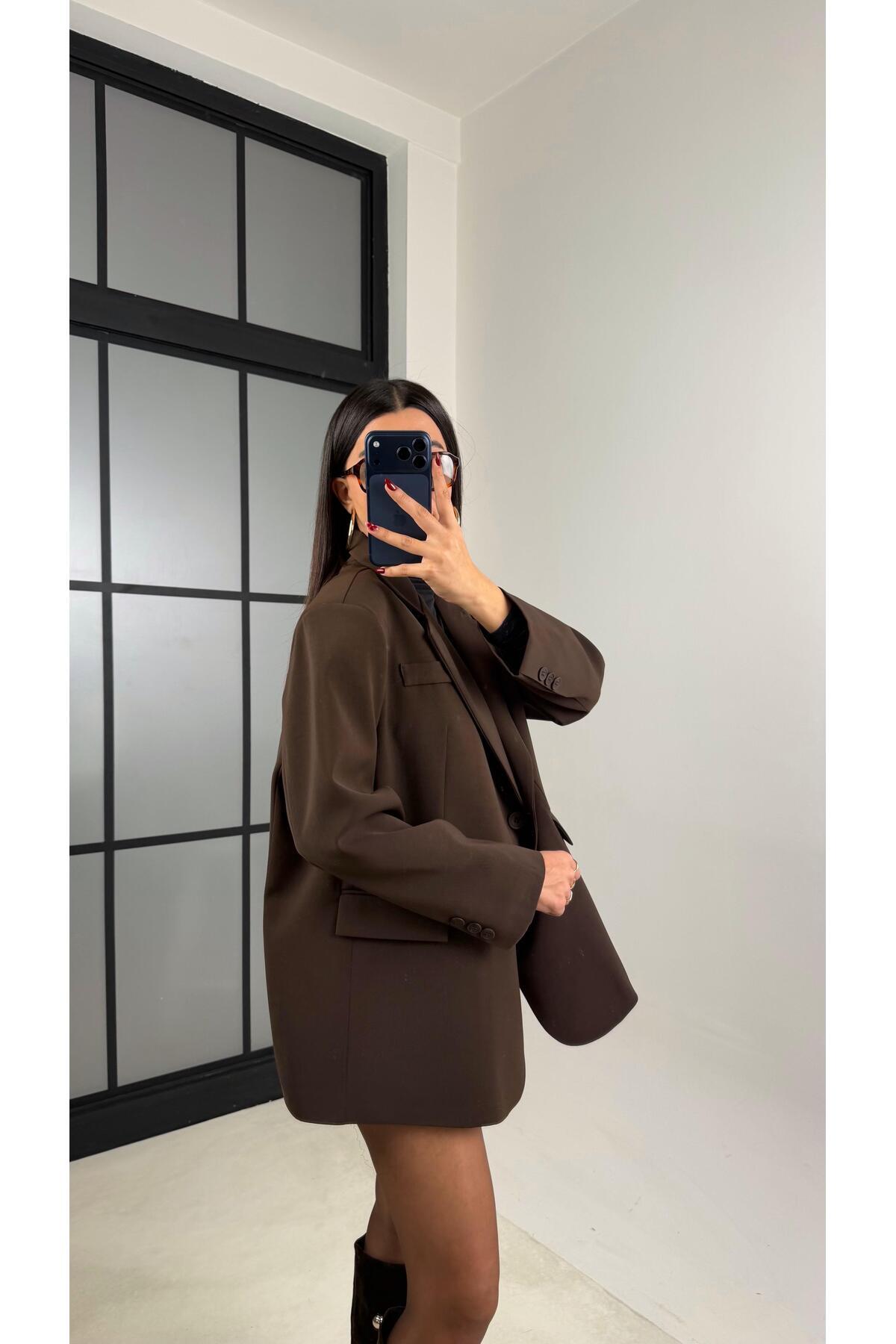 Gaus  Kahve Astarlı Vatkalı Blazer Ceket GAUS-00610 - Görsel 4