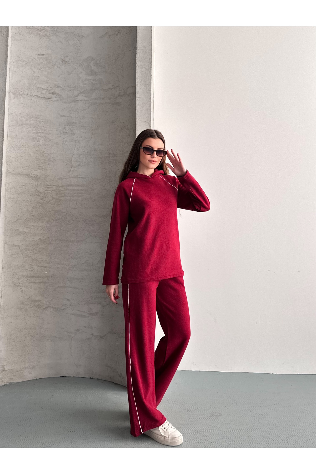 Women's Thessaloniki Fabric Hooded Piping Detailed Bottom Top Double Set