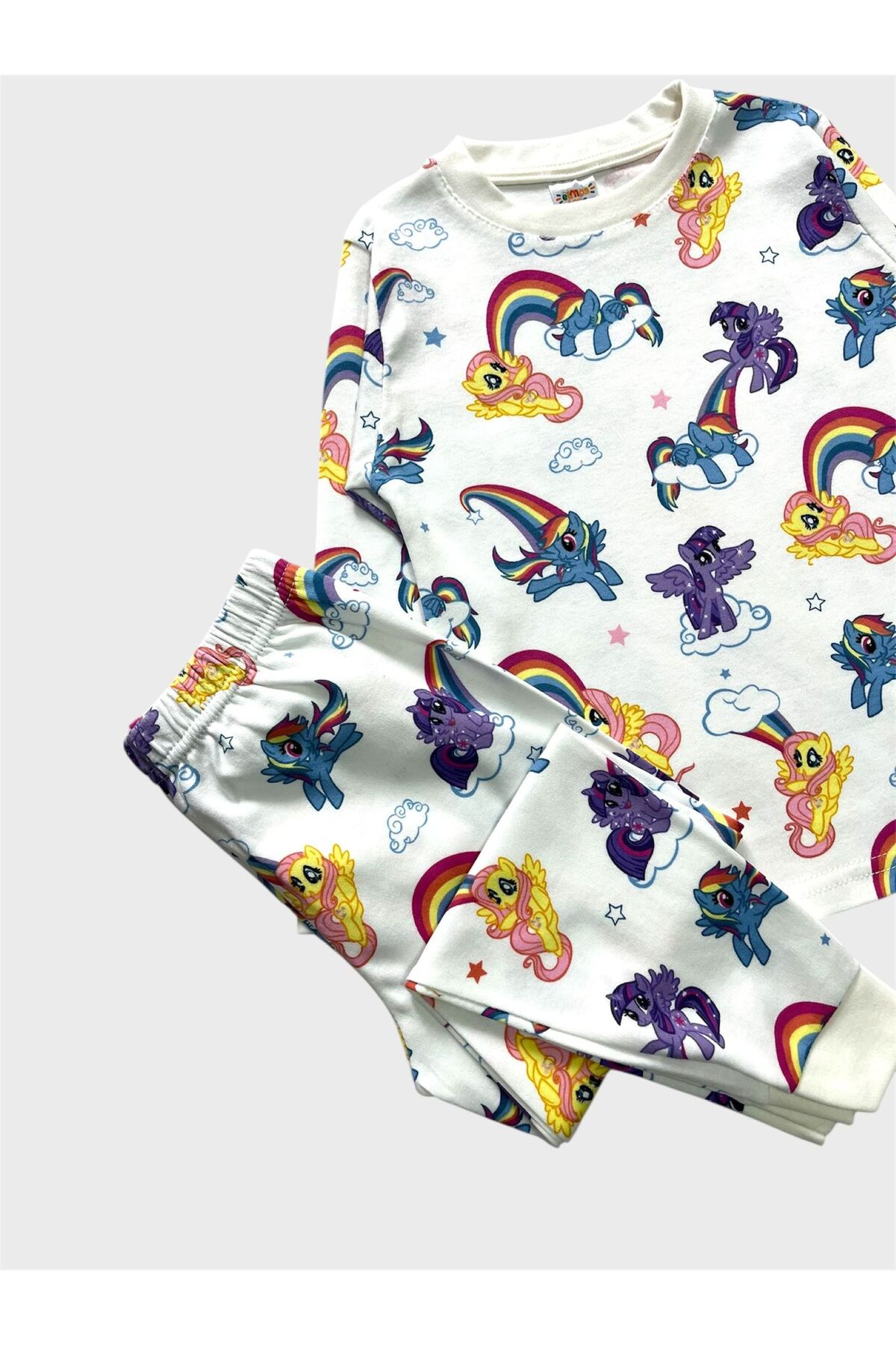 elmas kids Kız Çocuk %100 Pamuklu Beyaz Unıcorn Gökkuşağı Desenli Uzun Kollu Pijama Takımı fotoğrafı 3 (önizleme)