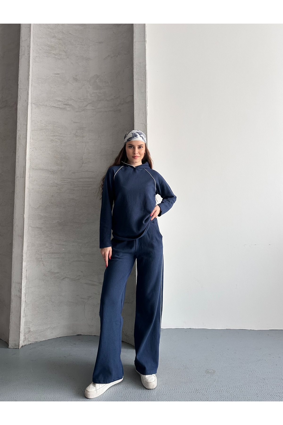 Women's Thessaloniki Fabric Hooded Piping Detailed Bottom Top Double Set