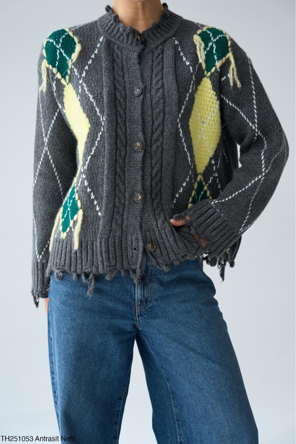 Lupies  Kadın Antrasit Baklava Desen Saçaklı Triko Hırka - Görsel 2