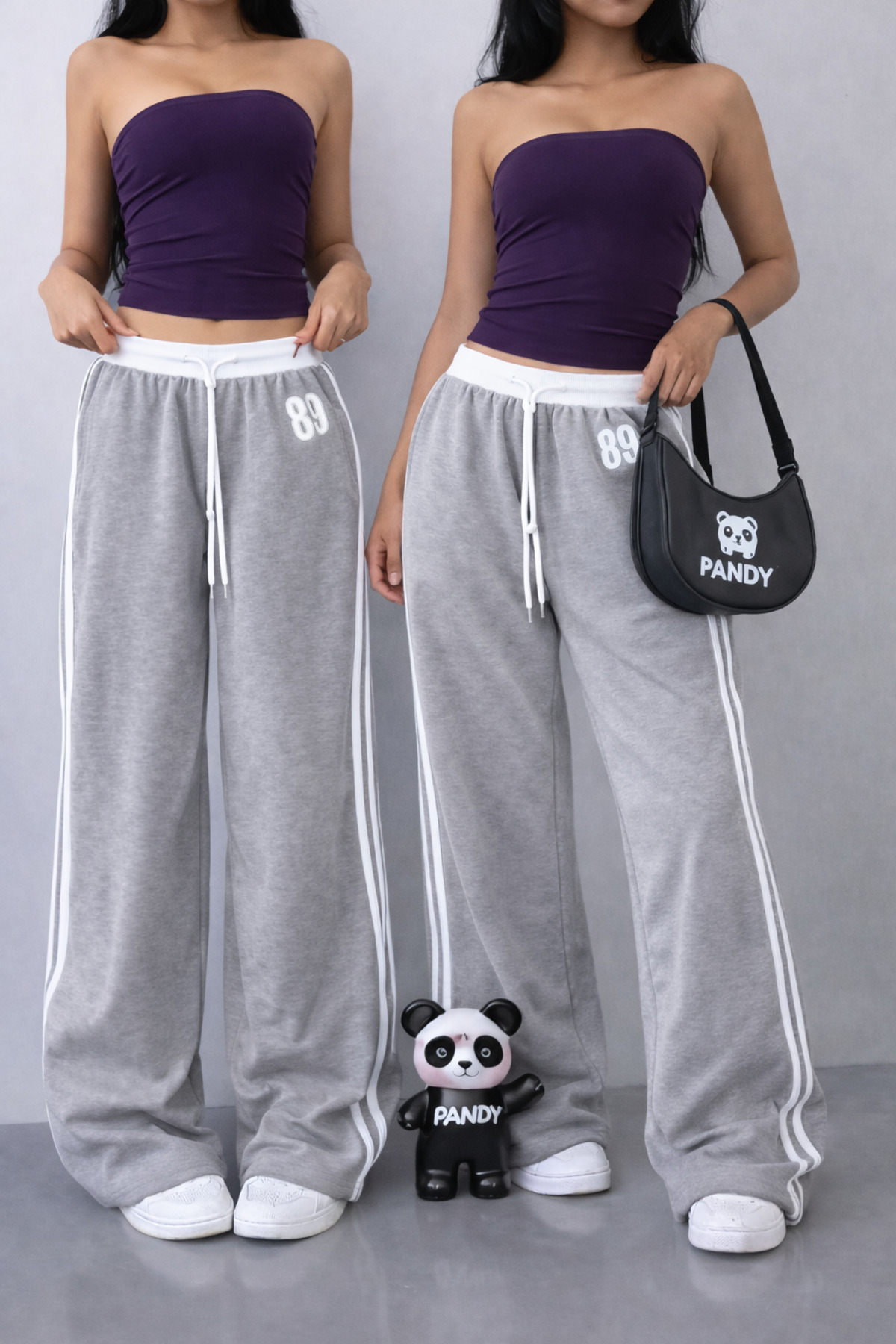 2pcs 89 Printed White Belt Double Stripe High Waist Women Wide Leg Sweatpants