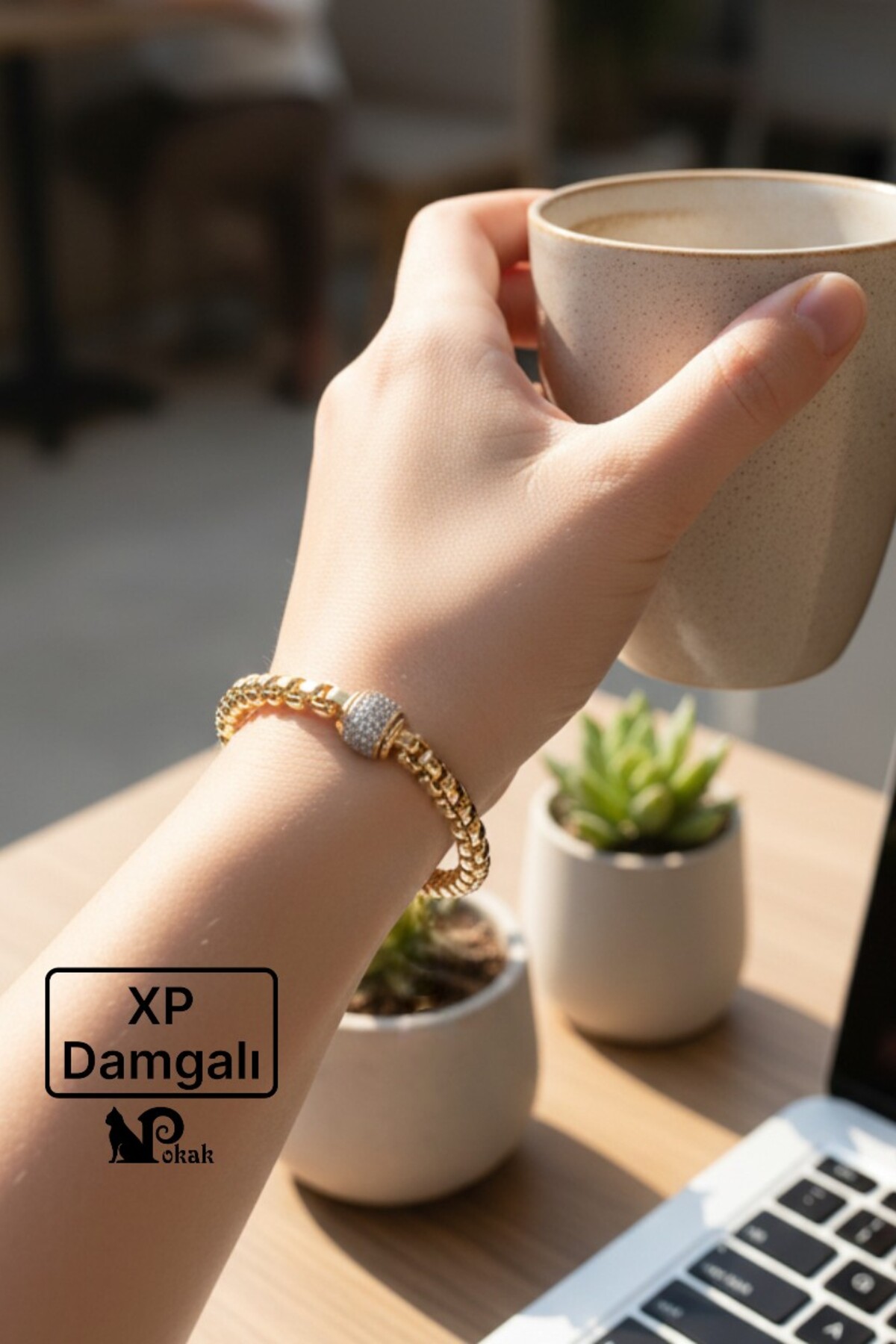 XUPING JEWELRY POKAK 14K Altın Kaplama Ortası Dönen Zirkon Kalın Zincir Bileklik- 17.5 cm görsel 3
