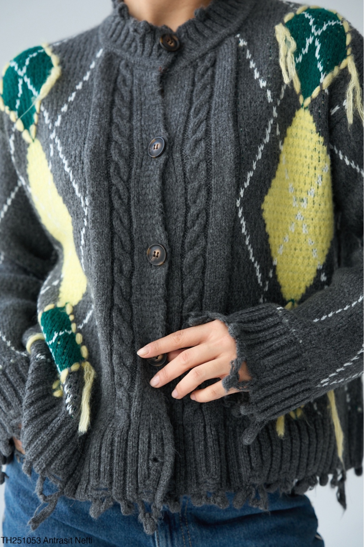 Lupies  Kadın Antrasit Baklava Desen Saçaklı Triko Hırka - Görsel 4