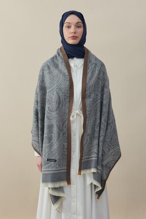 diorel Etro Desen Kaşmir Omuz Şalı Koyu Gri