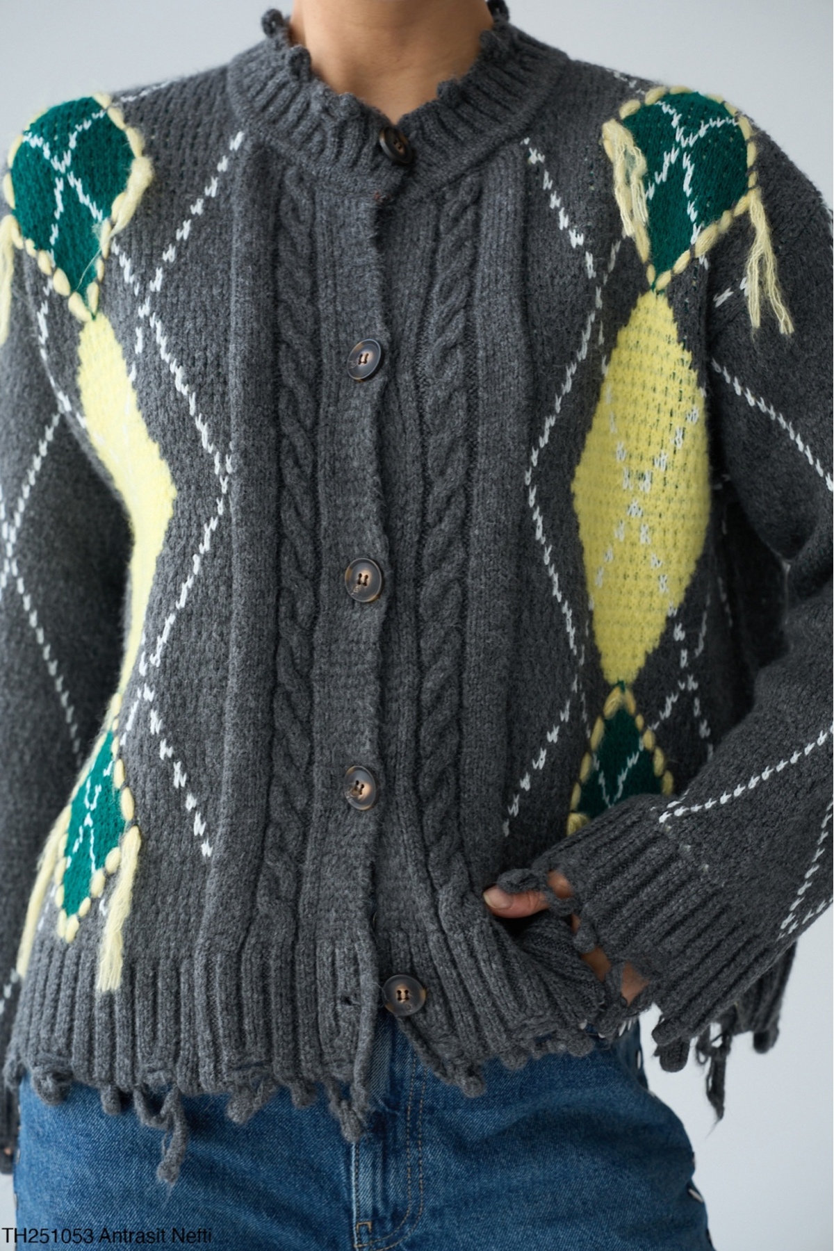 Lupies  Kadın Antrasit Baklava Desen Saçaklı Triko Hırka - Görsel 3