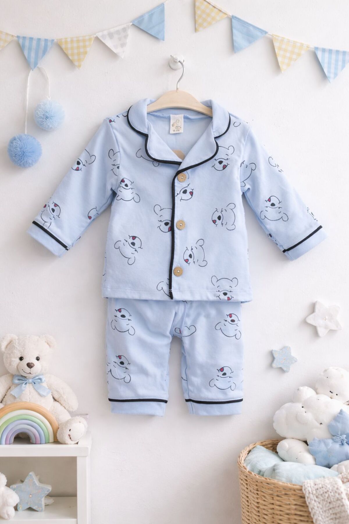 derin baby %100 Pamuklu Mavi Sevimli Ayıcıklı Alt-Üst Erkek Bebek Pijama Takımı fotoğrafı 2 (önizleme)