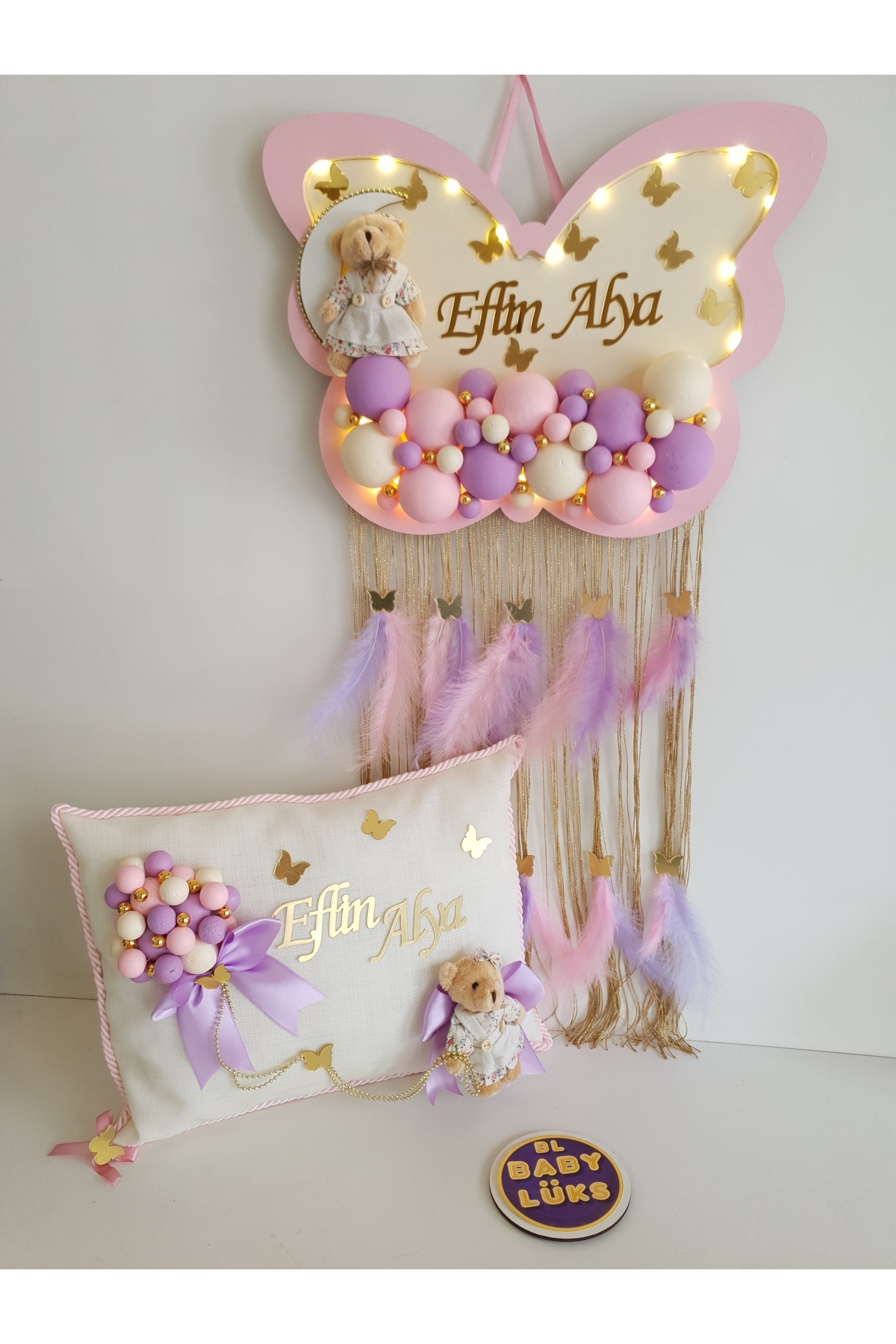 Bubble Led Butterfly Baby Door Ornament And Rectangular Pillow Pink Edge Cream Floor
