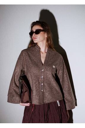 SEVDRUS Effortless Logo Nakışlı %30 Yün Kahve Hırka