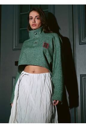 SEVDRUS Maison Jade Dik Yaka Nakışlı Yün Yeşil Crop Sweatshirt