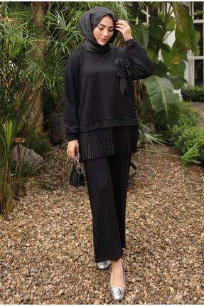 EMIRAMODA Etek Ucu Pileli Çiçek Detaylı Tunik Pantolonlu Takım