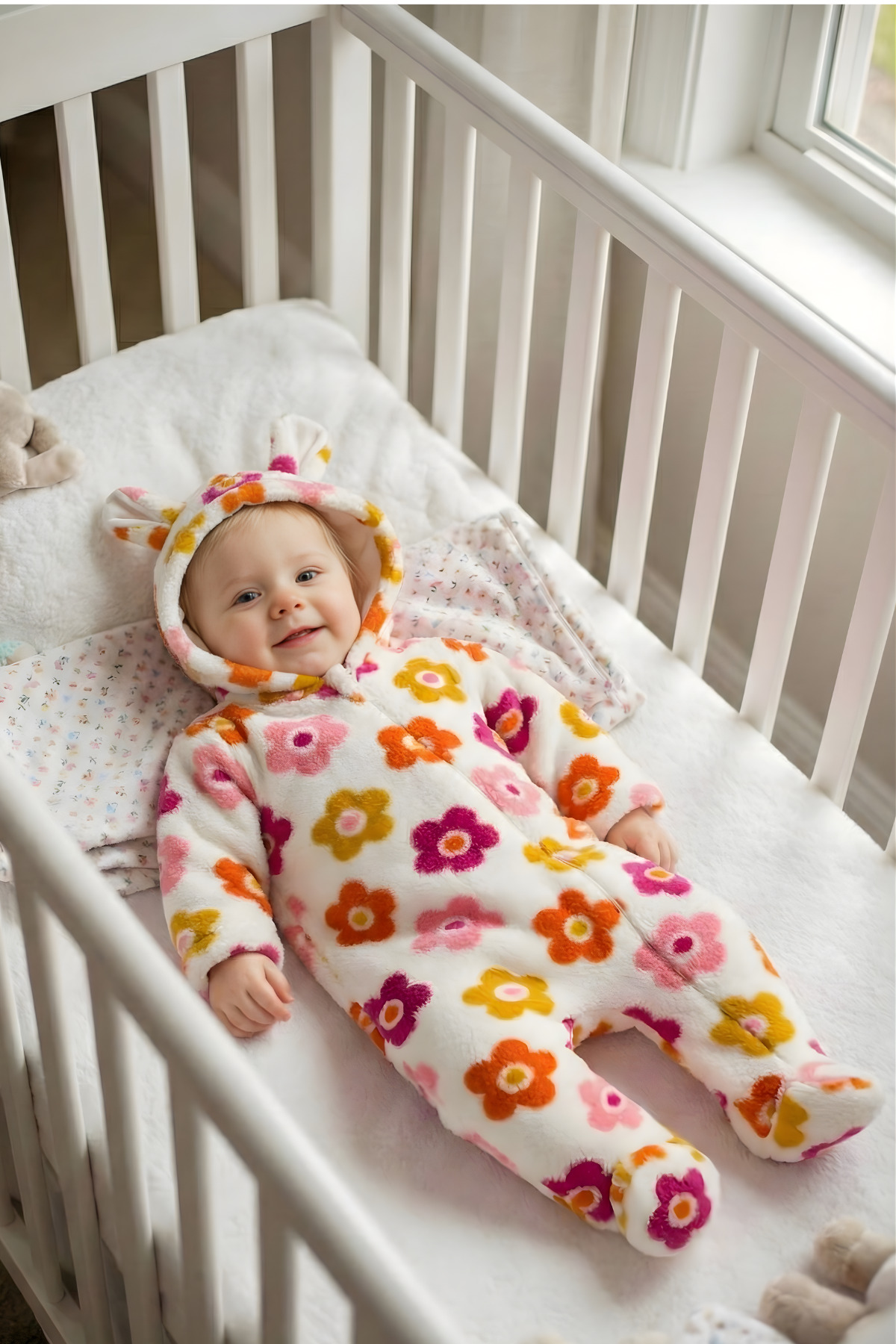 GÜLERBEBECİX Kız Bebek Welsoft Tulum Kapüşonlu Baskılı Desenli 0-12 Aylık fotoğrafı 2 (önizleme)