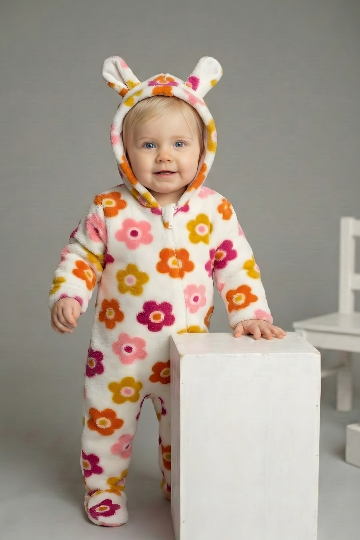 GÜLERBEBECİX Kız Bebek Welsoft Tulum Kapüşonlu Baskılı Desenli 0-12 Aylık fotoğrafı 3 (önizleme)