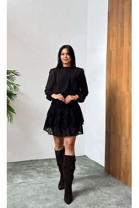 Nida Boutique Yarım Balıkçı Yaka Üst Şifon Eteği Flok Baskılı Astarlı Şifon K...