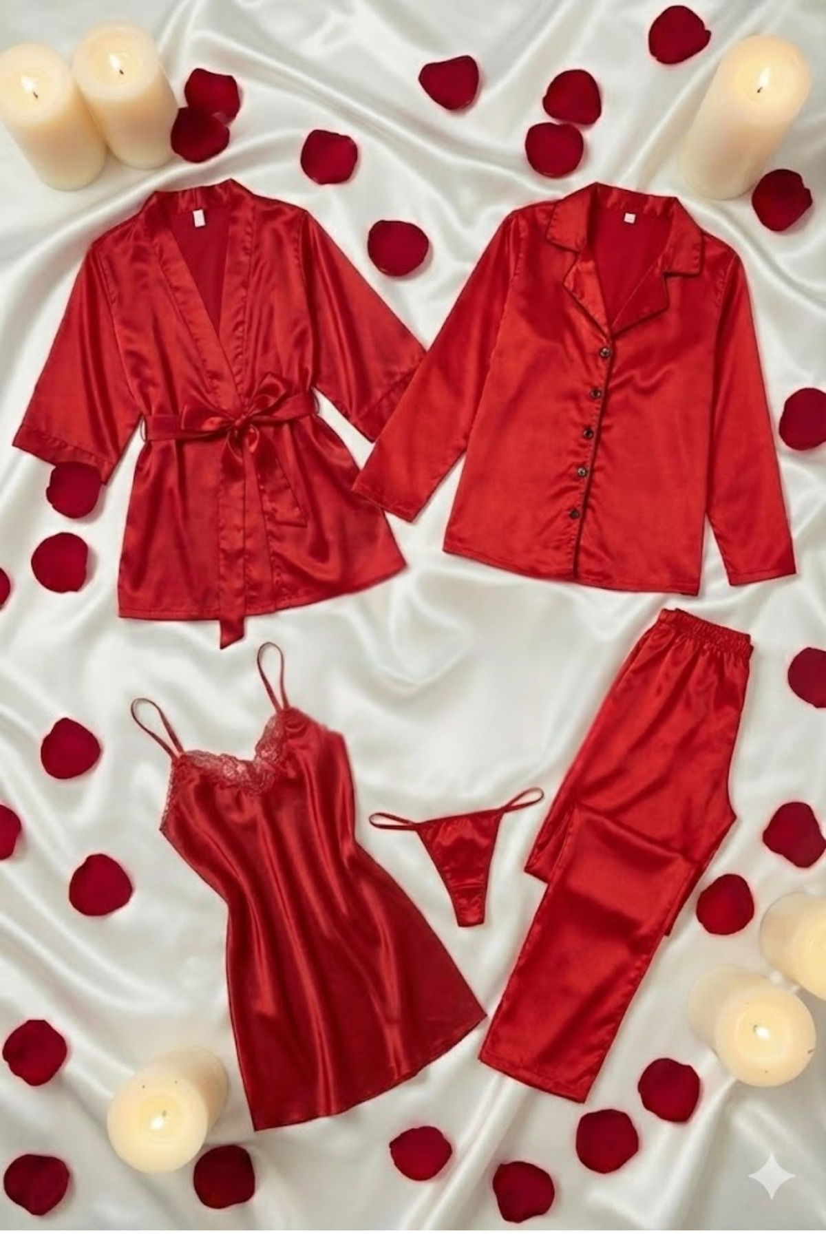 ZENCHES Kadın Saten 5’li Çeyiz Seti Sevgililer Günü Özel Kırmızı-Pijama Takımı,Sabahlık,Tanga ve Gecelik