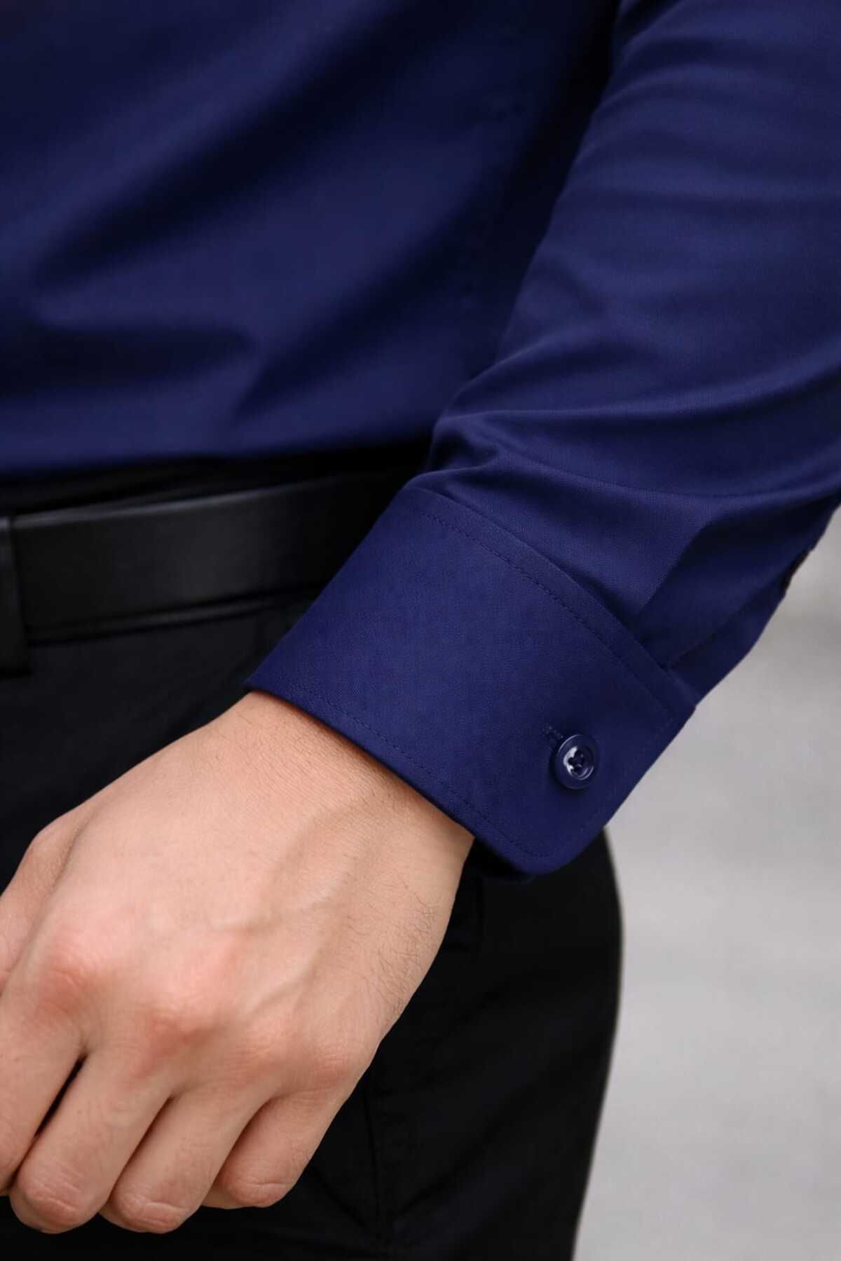 Slim Fit Dar Kesim Düz Sert Yaka Uzun Kollu Kolay Ütü Dört Mevsim LACİ ERKEK Gömlek — سرمه‌ای 1100 — تصویر 5 از 8