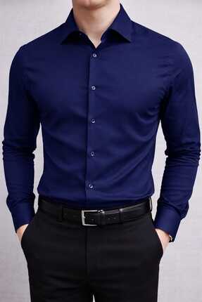 cto your style Slim Fit Dar Kesim Düz Sert Yaka Uzun Kollu Kolay Ütü Dört Mev...