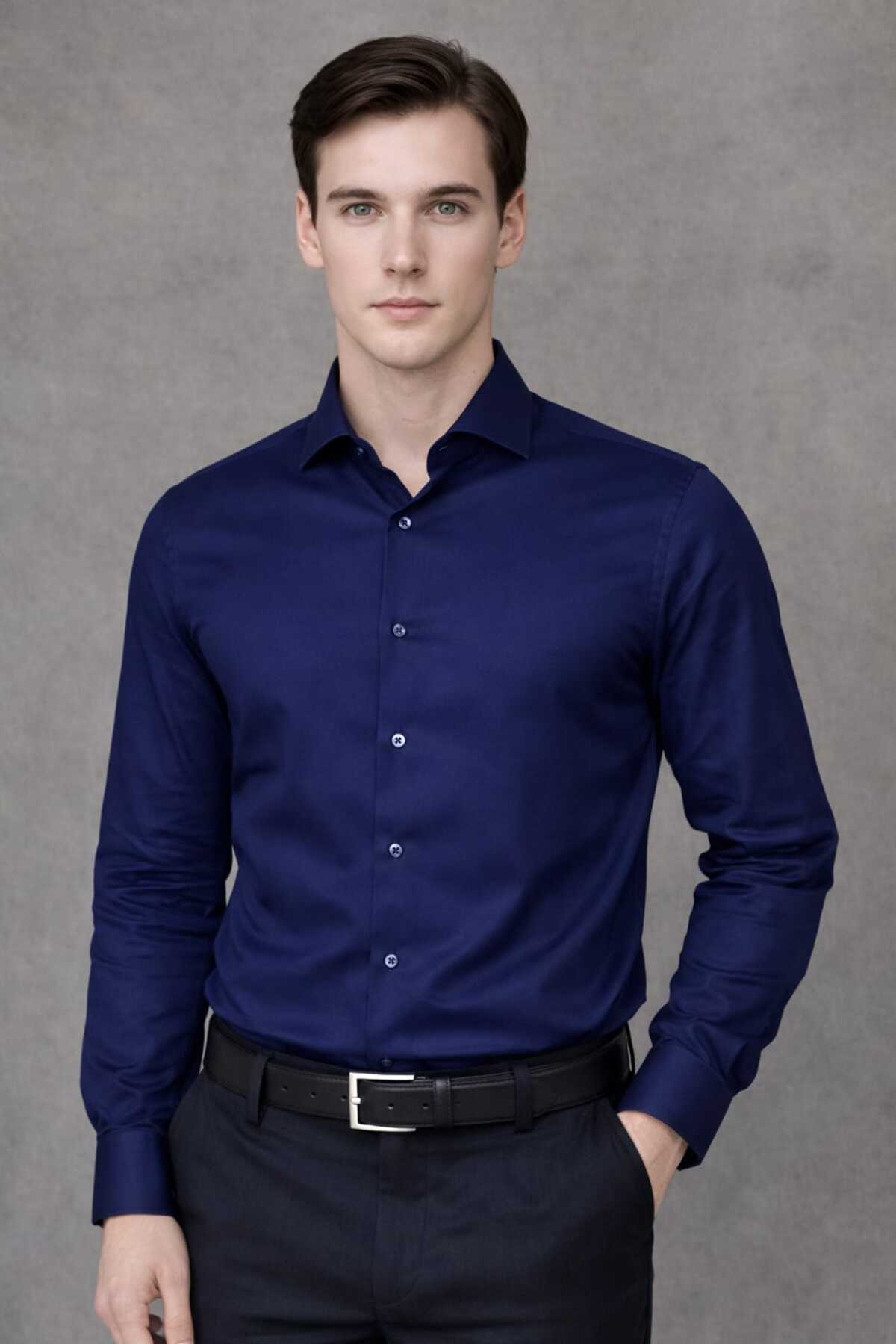 Slim Fit Dar Kesim Düz Sert Yaka Uzun Kollu Kolay Ütü Dört Mevsim LACİ ERKEK Gömlek — سرمه‌ای 1100 — تصویر 6 از 8