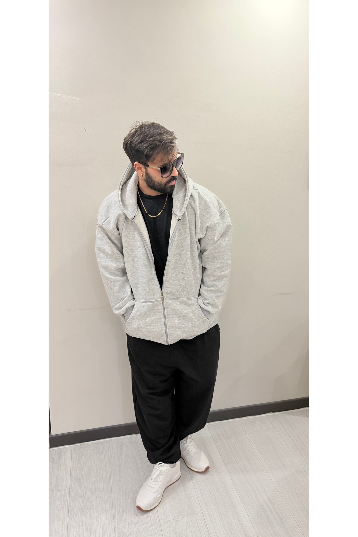 Bas Body FitnessWear Gri Rengi Battal Büyük Beden Fermuarlı Geniş Kalıp Oversize 3 İplik Şardonlu Pamuklu Kapşonlu görsel 3
