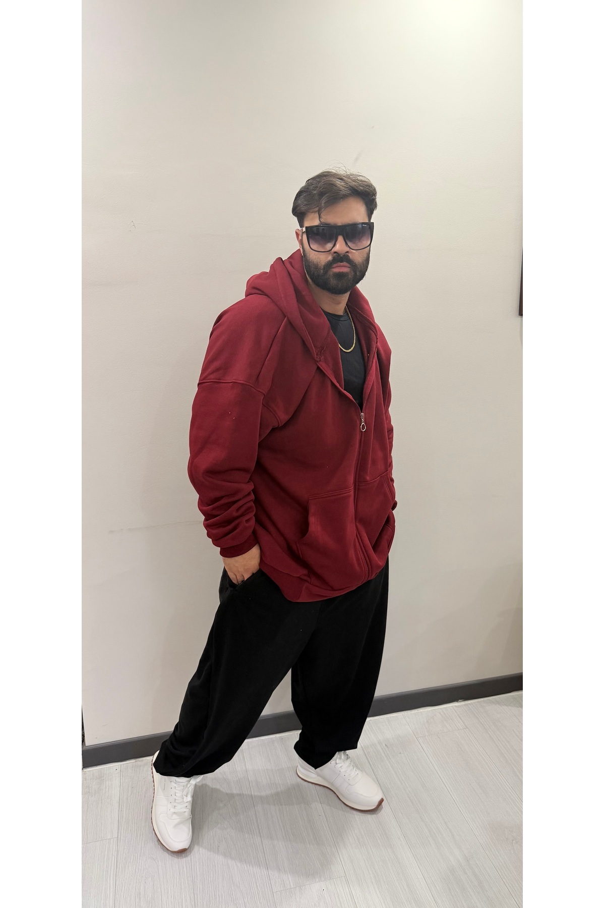 Bas Body FitnessWear Bordo Rengi Battal Büyük Beden Fermuarlı Geniş Kalıp Oversize 3 İplik Şardonlu Pamuklu Kapşonlu