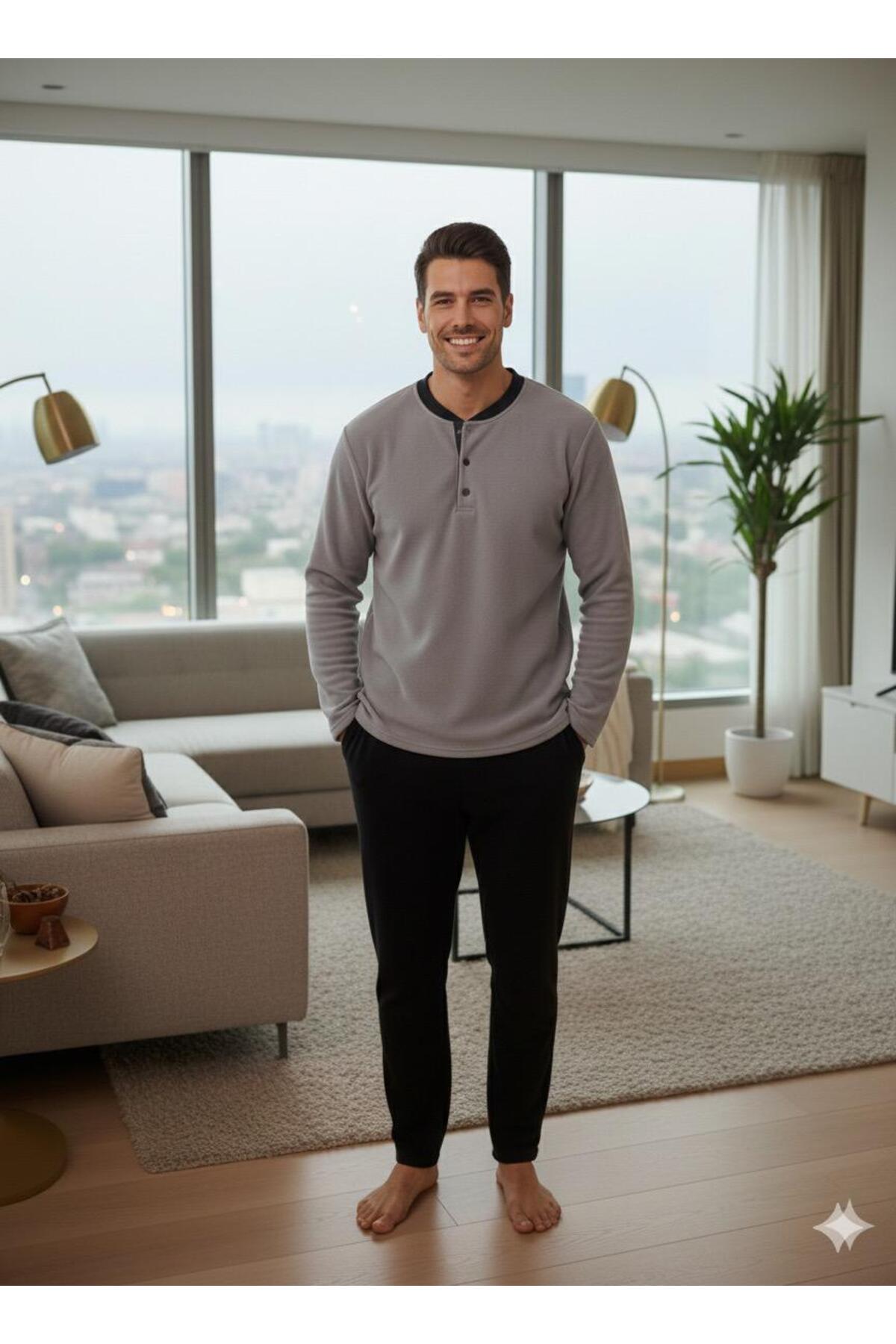 Sude HOMEWEAR  SUDE KIŞLIK GRİ POLAR YAKA DÜĞMELİ ALT CEPLİ