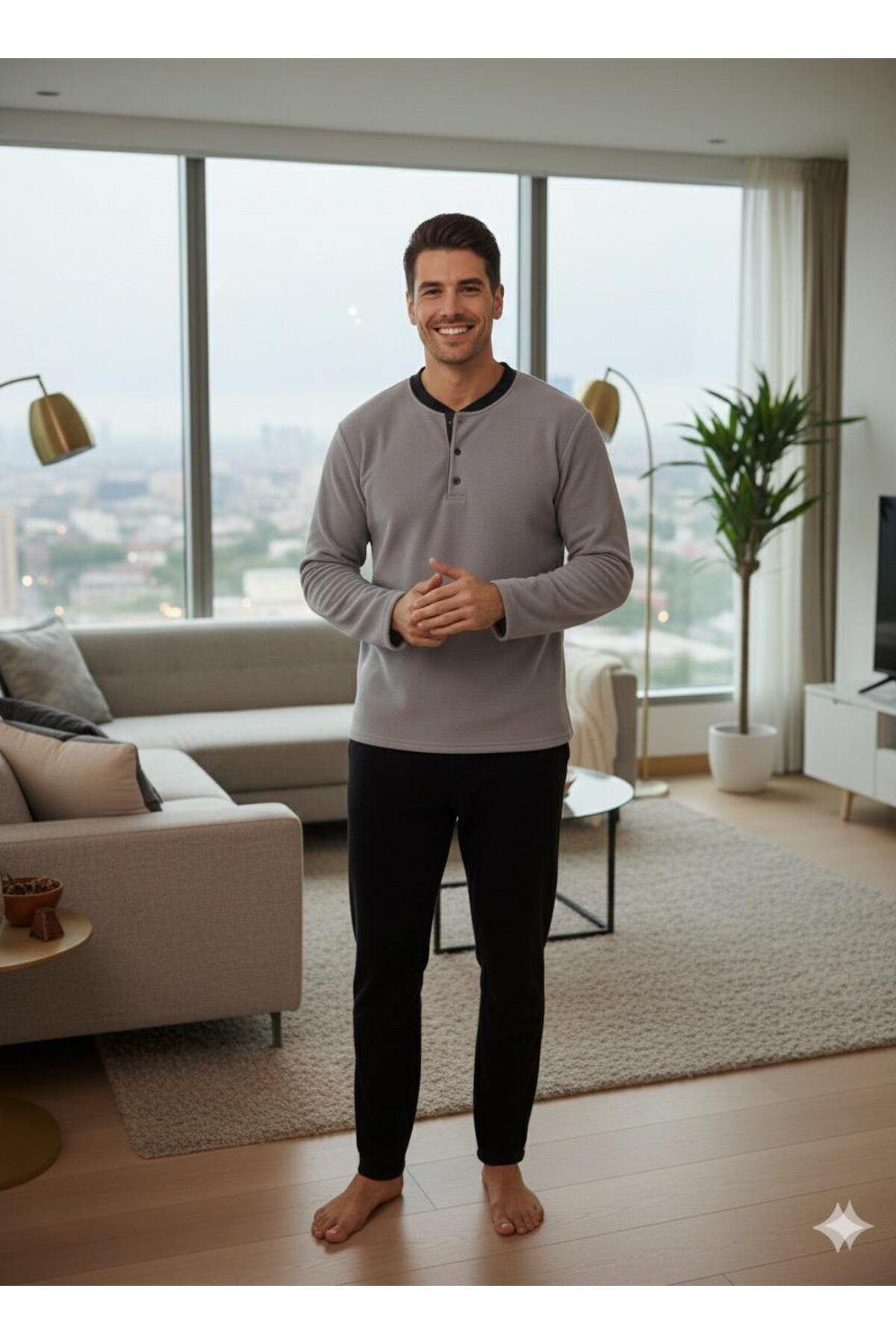 Sude HOMEWEAR  SUDE KIŞLIK GRİ POLAR YAKA DÜĞMELİ ALT CEPLİ - Görsel 2