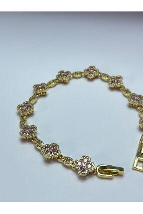 Heyzıl Accessoire Altın Kaplama Pembe Taşlı Dört Yapraklı Yonca Bileklik