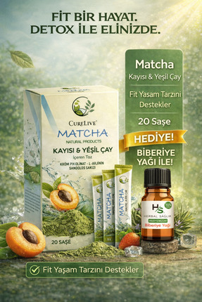 CURELIVE Matcha Kayısı & Yeşil Çay Tozu 20 Adet Saşe Maça Çayı – Doğal İçerik...