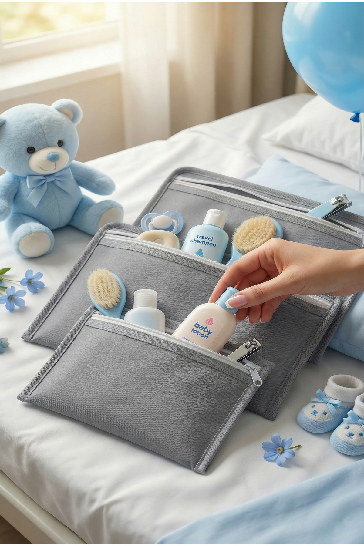 EVSELLA 6'lı Bebek Bakım Çantası Hastane Çıkış Doğum Çantası Organizer Gri Set fotoğrafı 4 (önizleme)