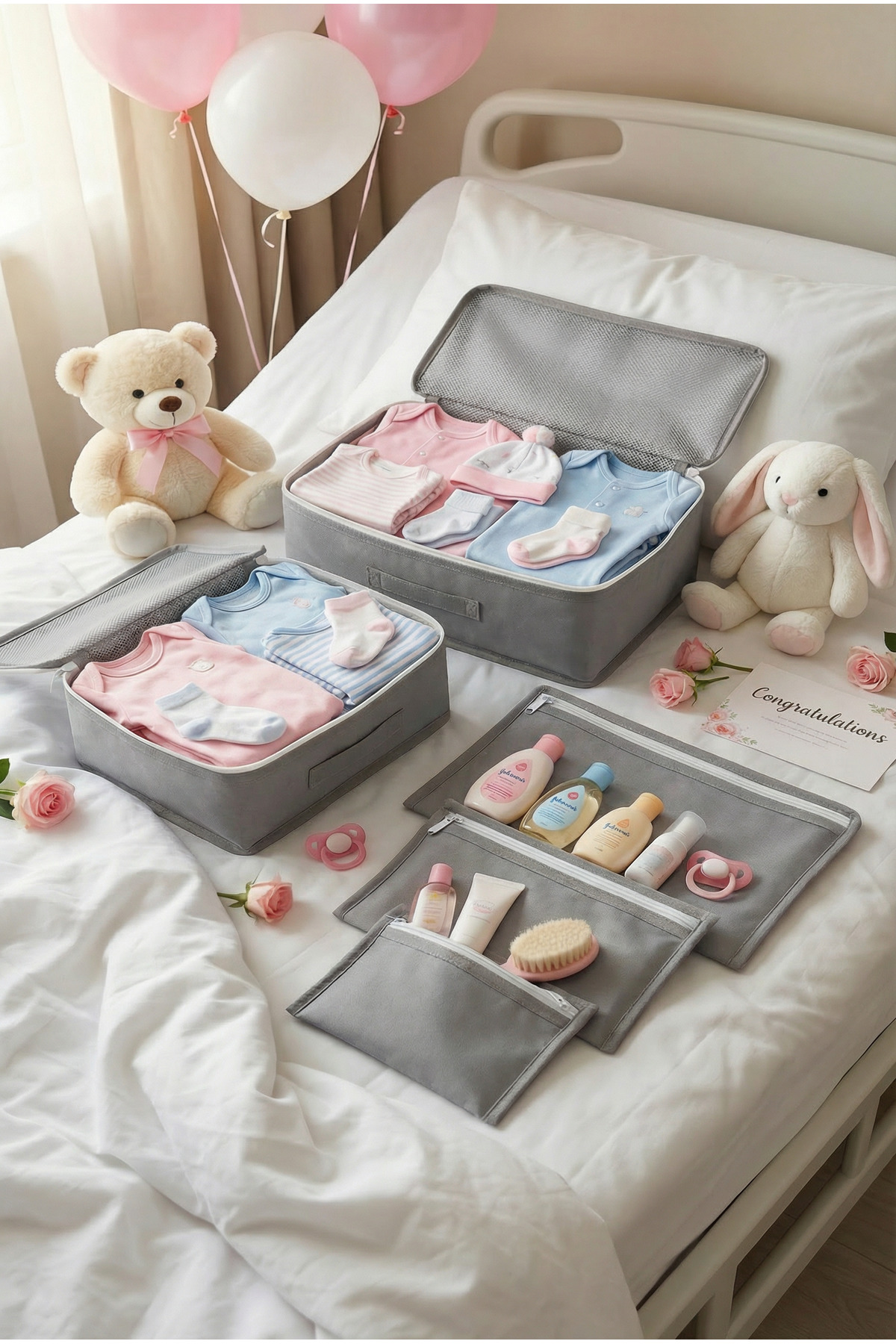 EVSELLA 6'lı Bebek Bakım Çantası Hastane Çıkış Doğum Çantası Organizer Gri Set fotoğrafı 2 (önizleme)